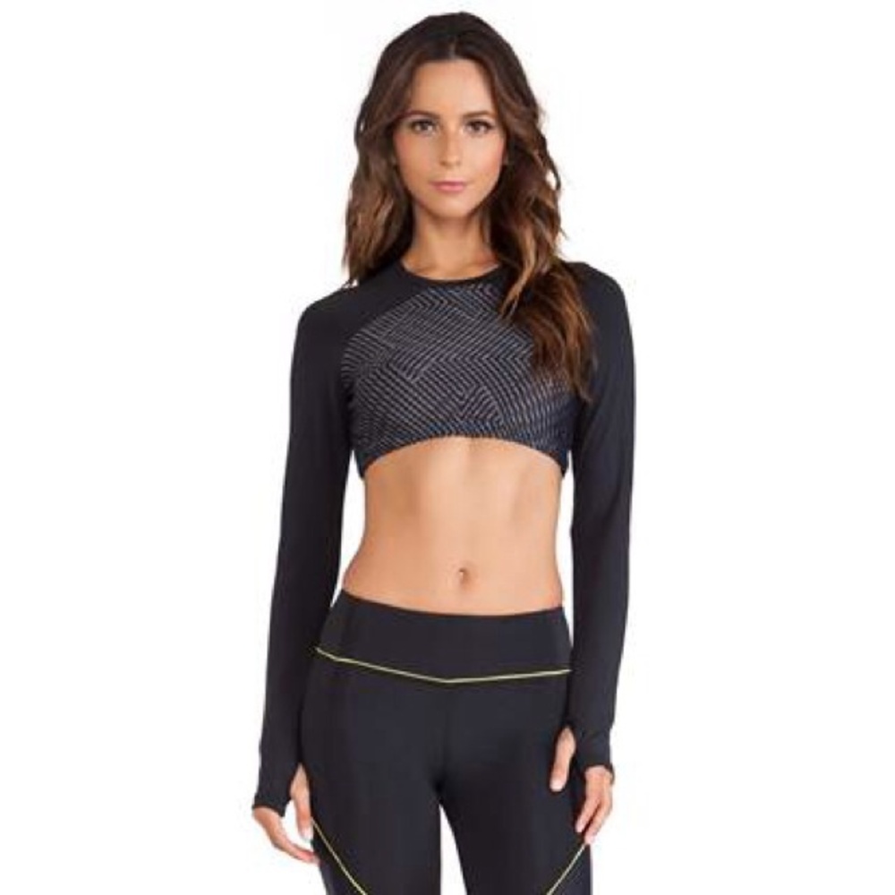 Long Sleeve Black Crop Top with Geo Print